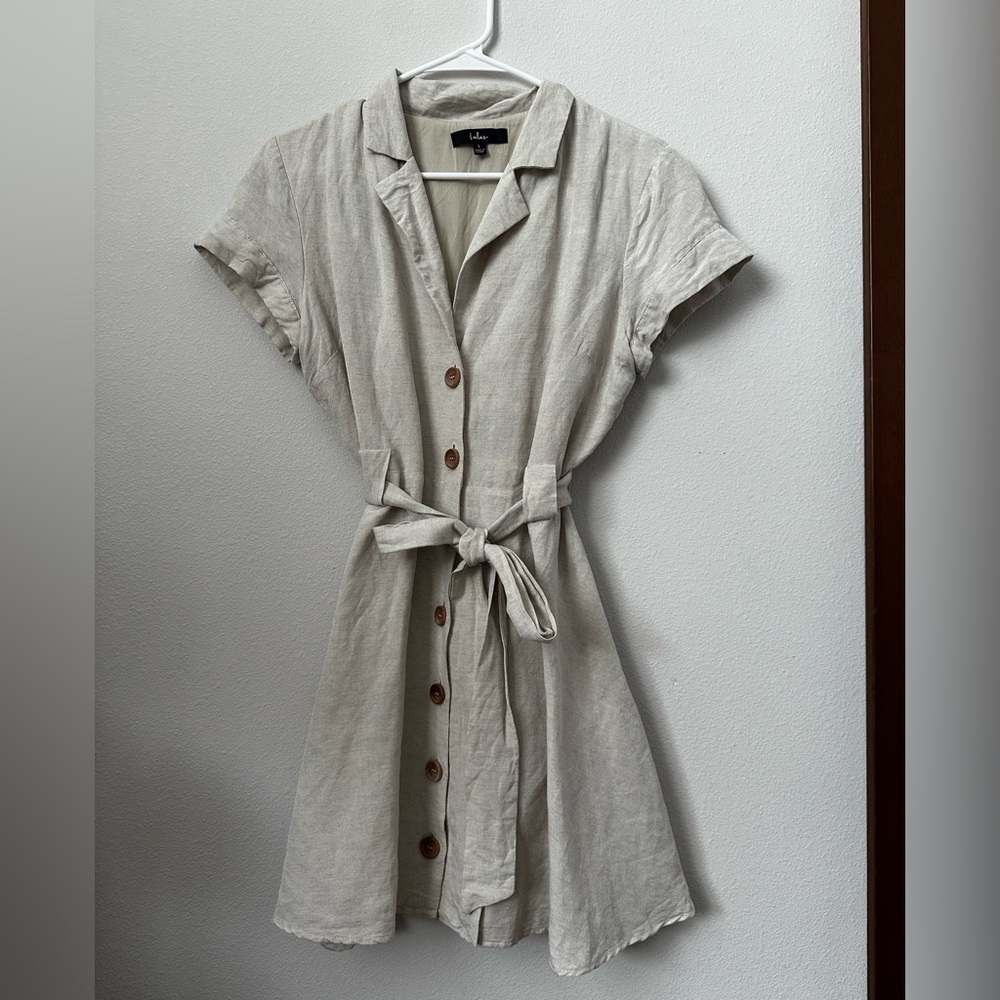 Tan Mini Dress Buttoned Tie Front Notched Collar